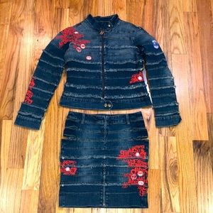 NEW Akademiks Y2K 90's style cut open 2 pcs Cut out skirt suit denim Jacket  L